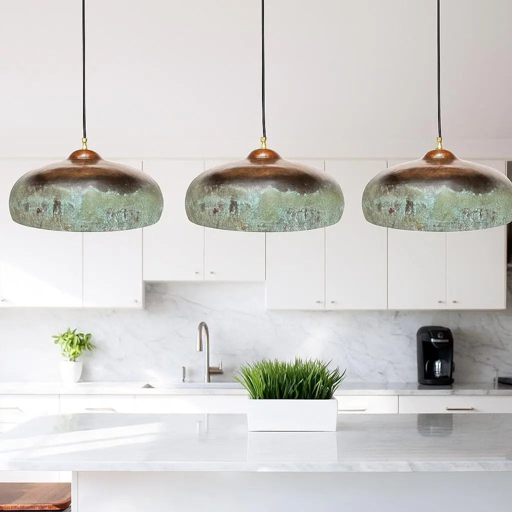Large Rustic Copper Pendant Light – Handmade Green Patina Dome Lamp for Kitchen Island or Dining Room Soukdecor