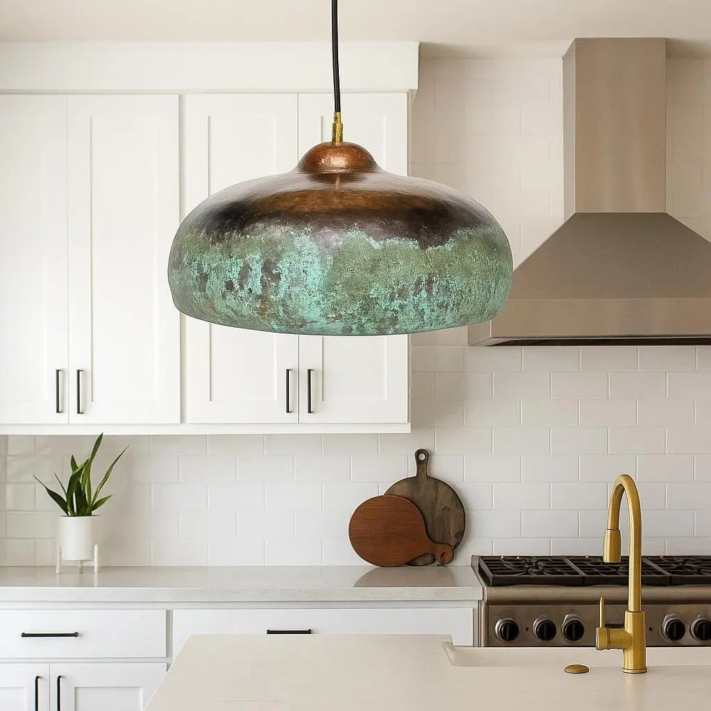 Large Rustic Copper Pendant Light – Handmade Green Patina Dome Lamp for Kitchen Island or Dining Room Soukdecor