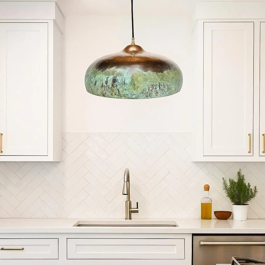 Large Rustic Copper Pendant Light – Handmade Green Patina Dome Lamp for Kitchen Island or Dining Room Soukdecor