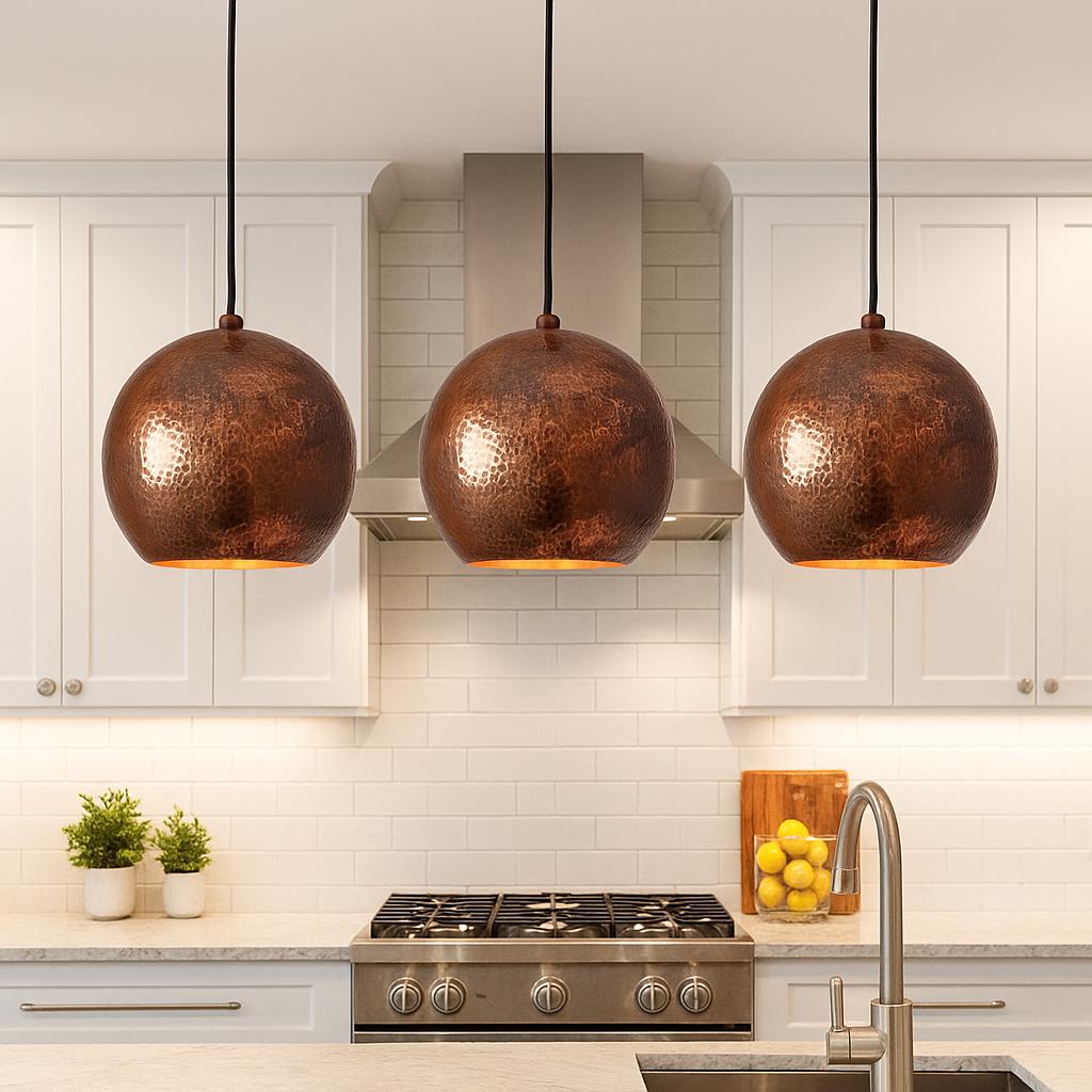 Hammered Brass Pendant Light, Warm Patina Finish for Kitchen or Entryway