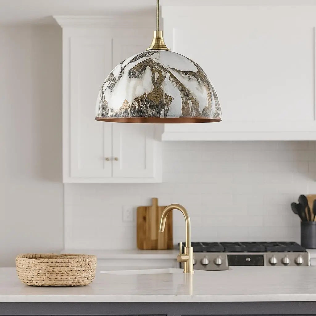 Handmade Marbled Dome Pendant Light – Brass &amp; Copper Kitchen Ceiling Lamp – Modern Rustic Hanging Light Fixture for Home Decor Soukdecor
