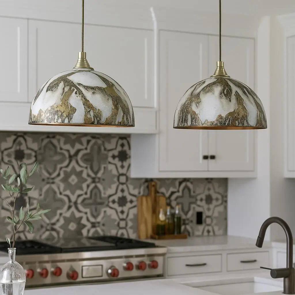 Handmade Marbled Dome Pendant Light – Brass &amp; Copper Kitchen Ceiling Lamp – Modern Rustic Hanging Light Fixture for Home Decor Soukdecor