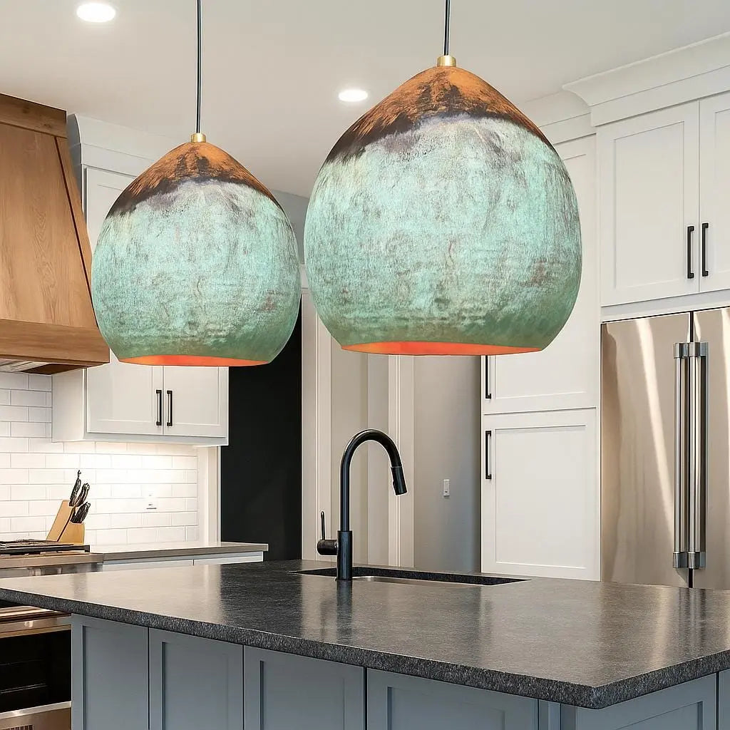 Handmade Oxidized Copper Pendant Light – Rustic Patina Ceiling Lamp – Artisan Hanging Light for Kitchen or Entryway Soukdecor