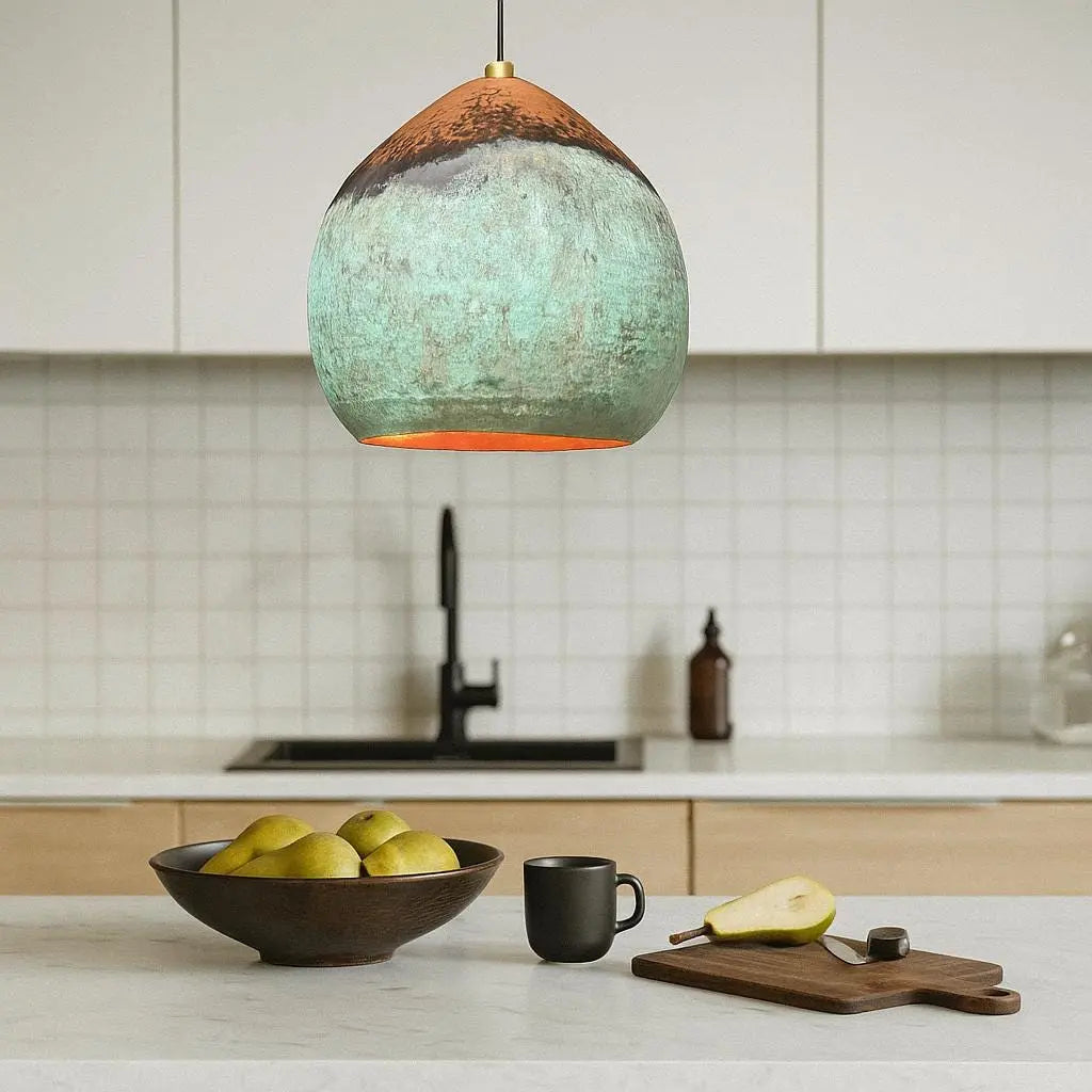 Handmade Oxidized Copper Pendant Light – Rustic Patina Ceiling Lamp – Artisan Hanging Light for Kitchen or Entryway Soukdecor