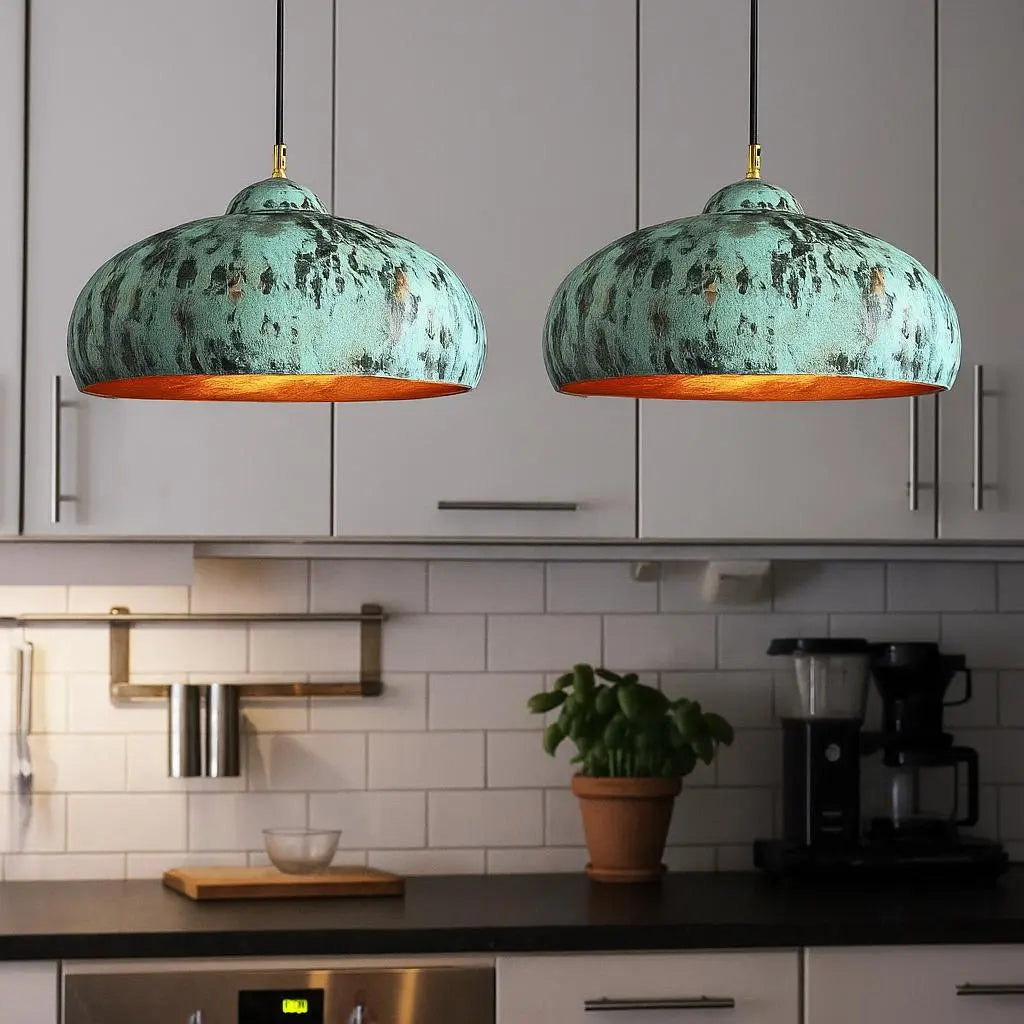 Handmade Patina Copper Pendant Light – Wide Dome Kitchen Ceiling Lamp – Rustic Industrial Hanging Fixture for Home Decor Soukdecor