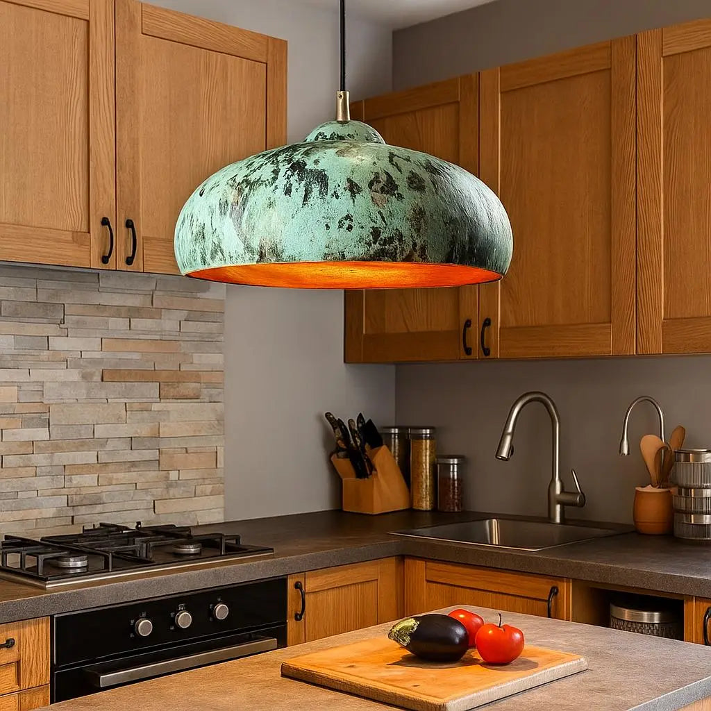 Handmade Patina Copper Pendant Light – Wide Dome Kitchen Ceiling Lamp – Rustic Industrial Hanging Fixture for Home Decor Soukdecor