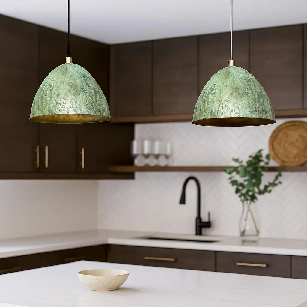 Handmade Patina Dome Pendant Light – Minimalist Copper Interior Hanging Lamp – Rustic Modern Ceiling Light for Kitchen or Dining Soukdecor