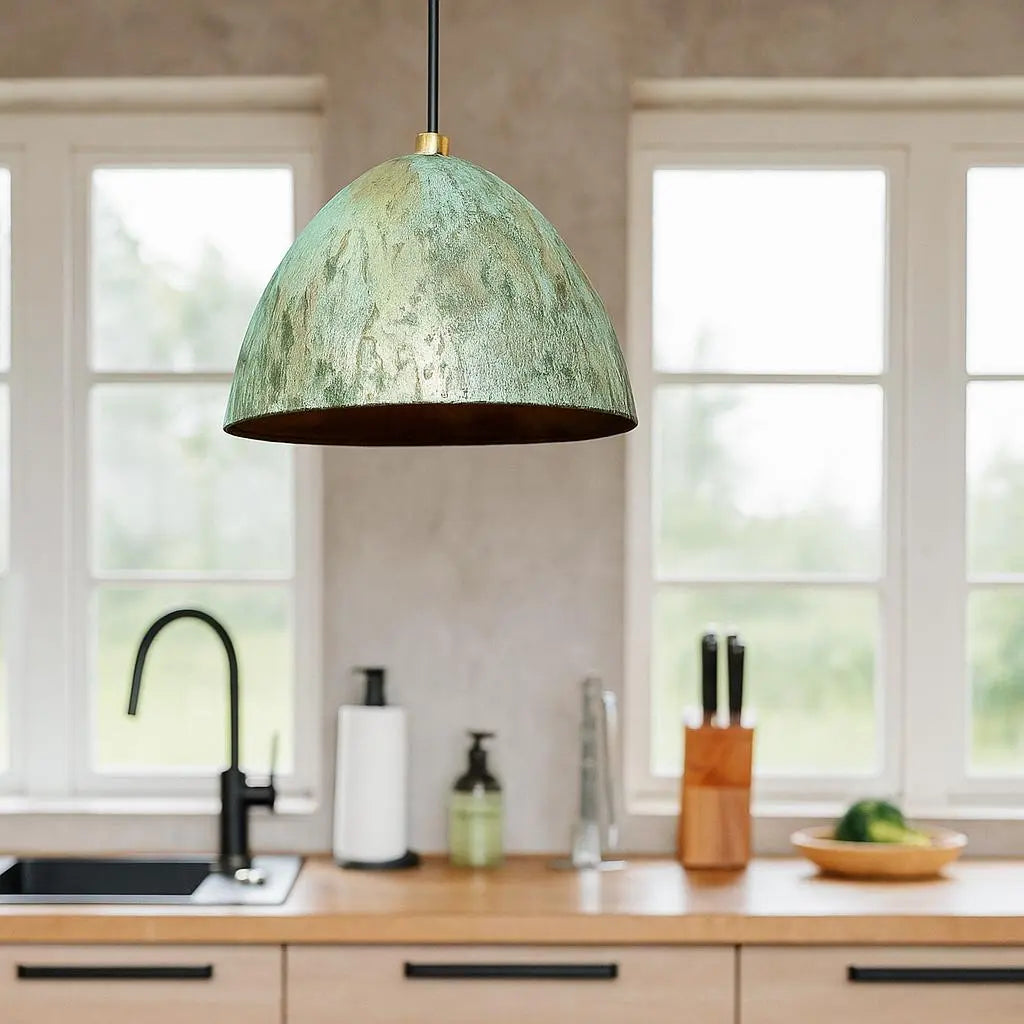 Handmade Patina Dome Pendant Light – Minimalist Copper Interior Hanging Lamp – Rustic Modern Ceiling Light for Kitchen or Dining Soukdecor