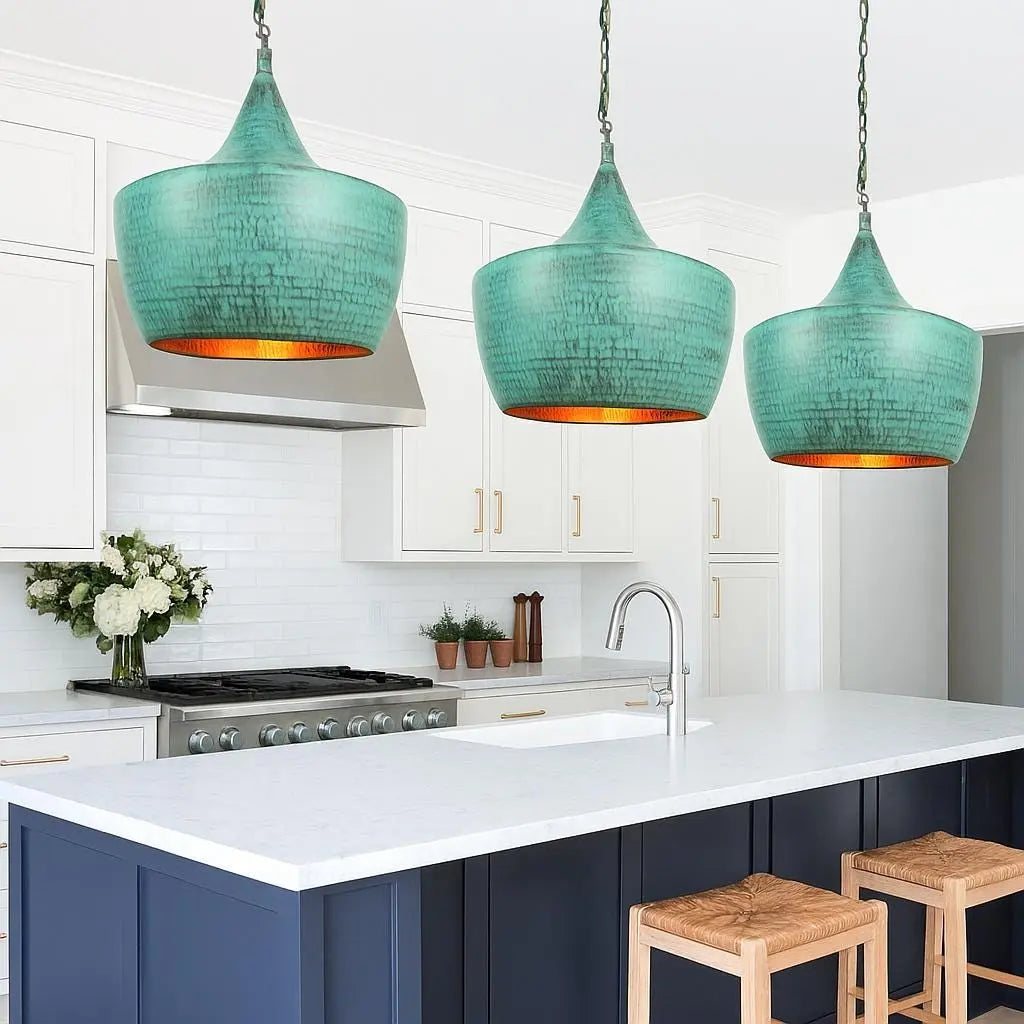 Handmade Patina Pendant Light – Tapered Rustic Copper Interior Lamp – Boho Kitchen Ceiling Light – Artisan Hanging Lighting Fixture Soukdecor