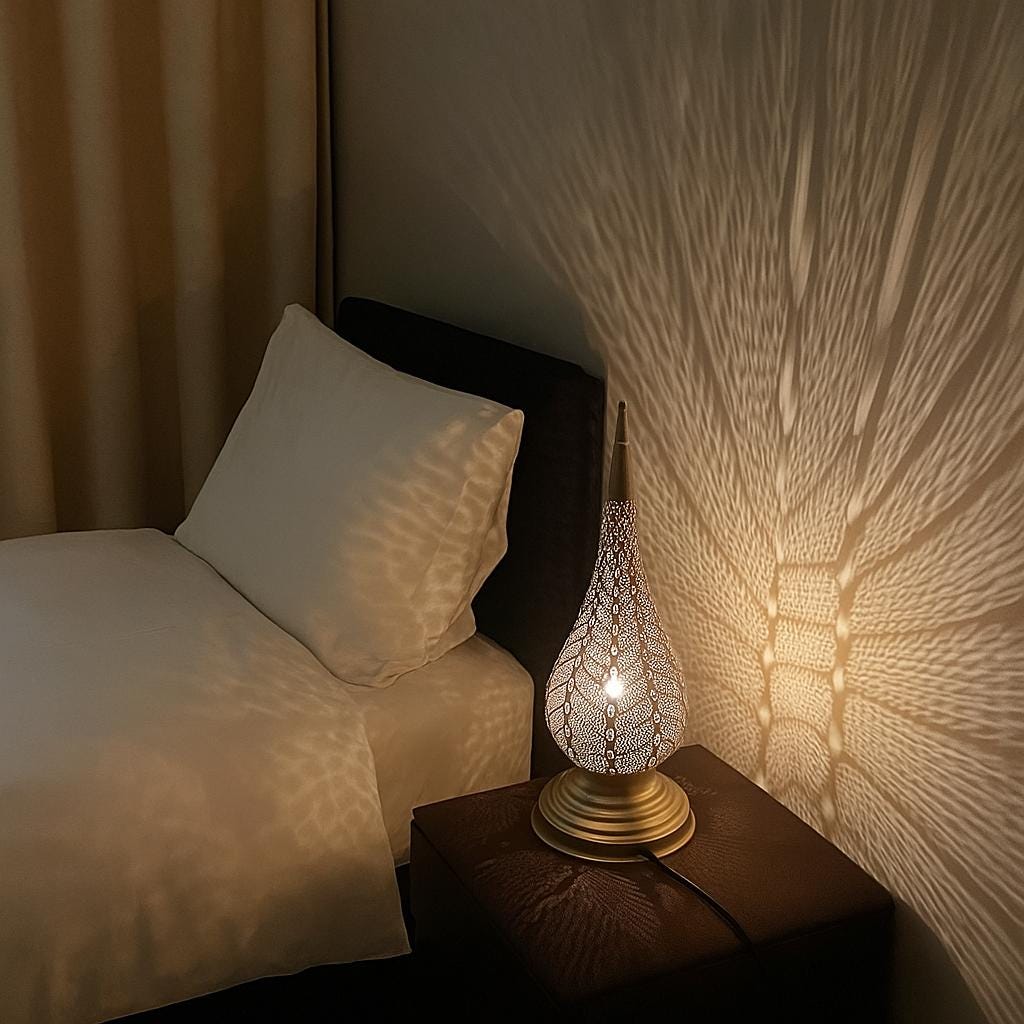 Handmade Moroccan Leaf Table Lamp – Brass Shadow Light – Tall Ambient Bedside Lamp for Boho Bedroom or Relaxing Home Decor