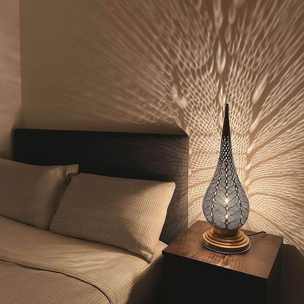 Handmade Moroccan Leaf Table Lamp – Brass Shadow Light – Tall Ambient Bedside Lamp for Boho Bedroom or Relaxing Home Decor