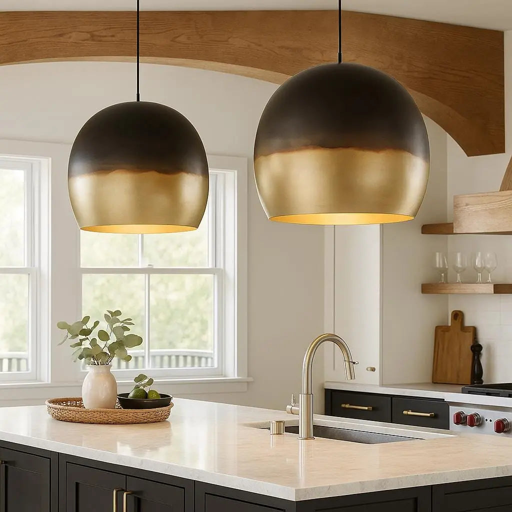 Black and Gold Dome Pendant Light – Modern Handmade Brass Ceiling Lamp for Kitchen or Dining Room Soukdecor