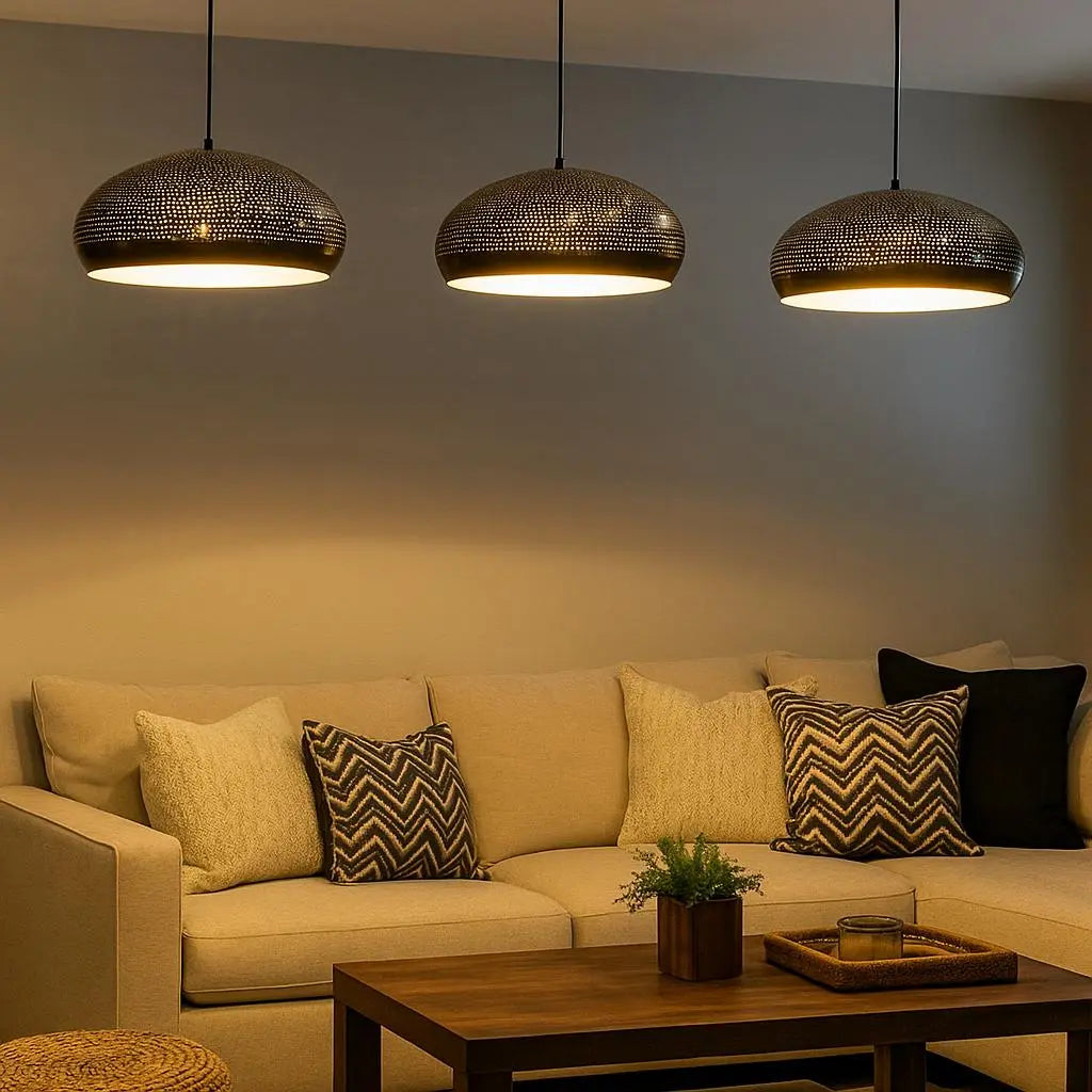 Perforated Dome Pendant Light – Handcrafted Black Brass Moroccan Ceiling Lamp Soukdecor