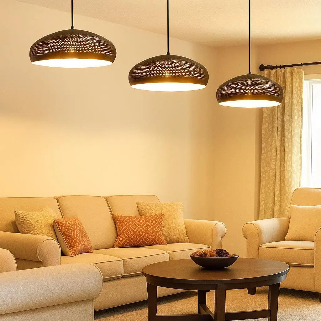 Perforated Dome Pendant Light – Handcrafted Black Brass Moroccan Ceiling Lamp Soukdecor