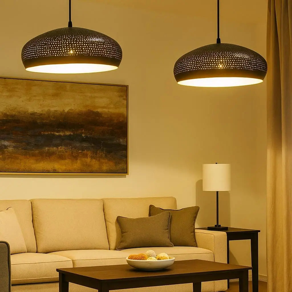 Perforated Dome Pendant Light – Handcrafted Black Brass Moroccan Ceiling Lamp Soukdecor