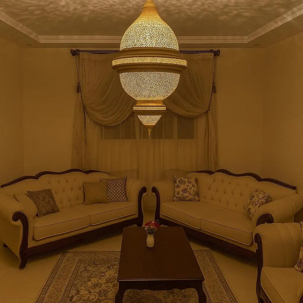 Triple Moroccan Pendant Chandelier – Handmade Brass Ceiling Light for Living Room Soukdecor