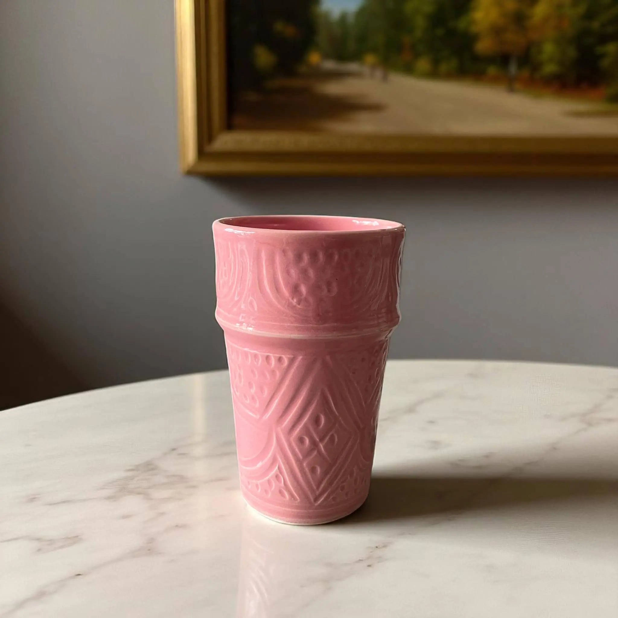 Discover Your Signature Style with This Hand-Engraved Pink Moroccan Tumbler (13 cm H x 8 cm Dia) Soukdecor