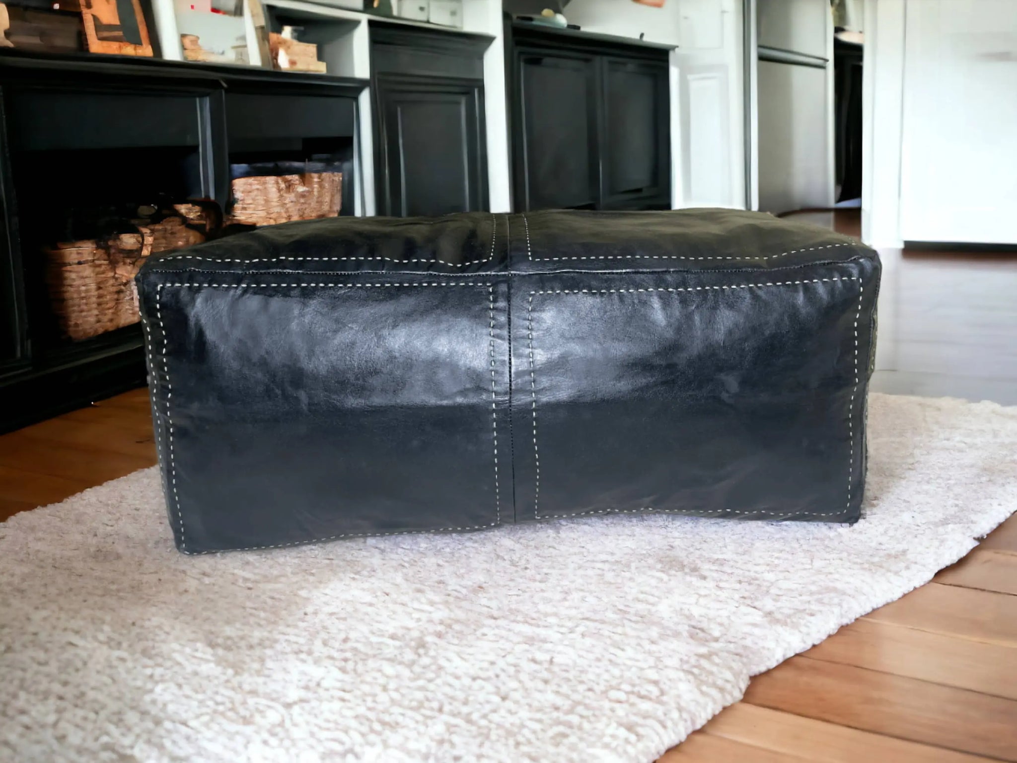 Authentic Moroccan Black Leather Poufs: Handcrafted Elegance by Artisans Soukdecor